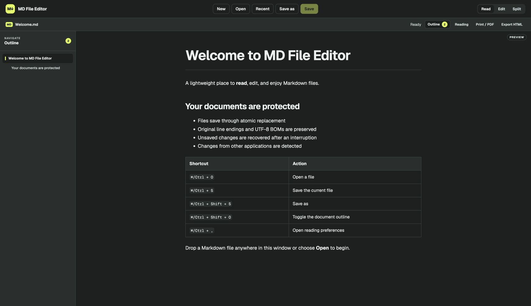 MD File Editor in Read view with a document outline and a formatted Markdown document