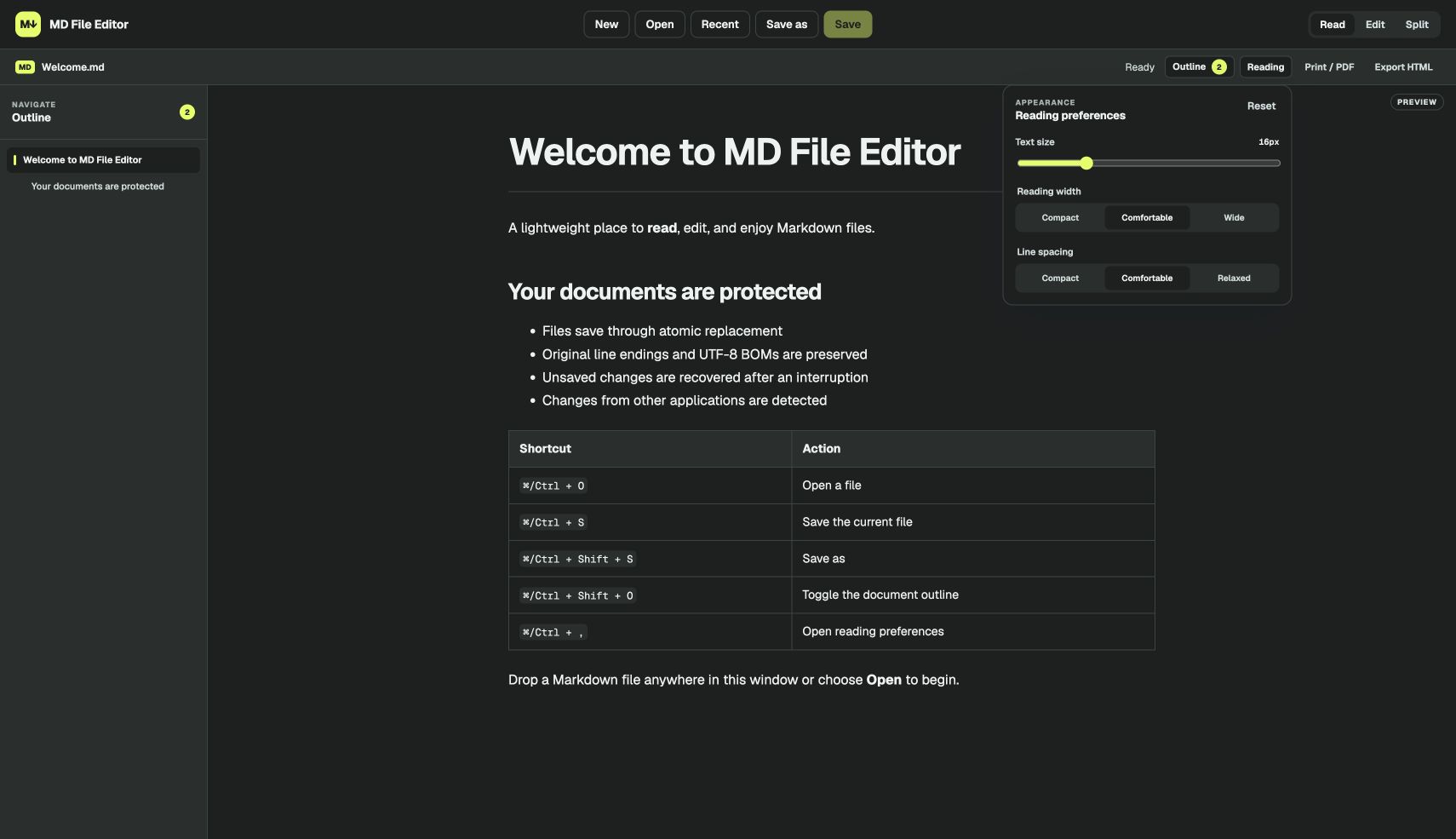 MD File Editor reading preferences for changing text size, reading width, and line spacing