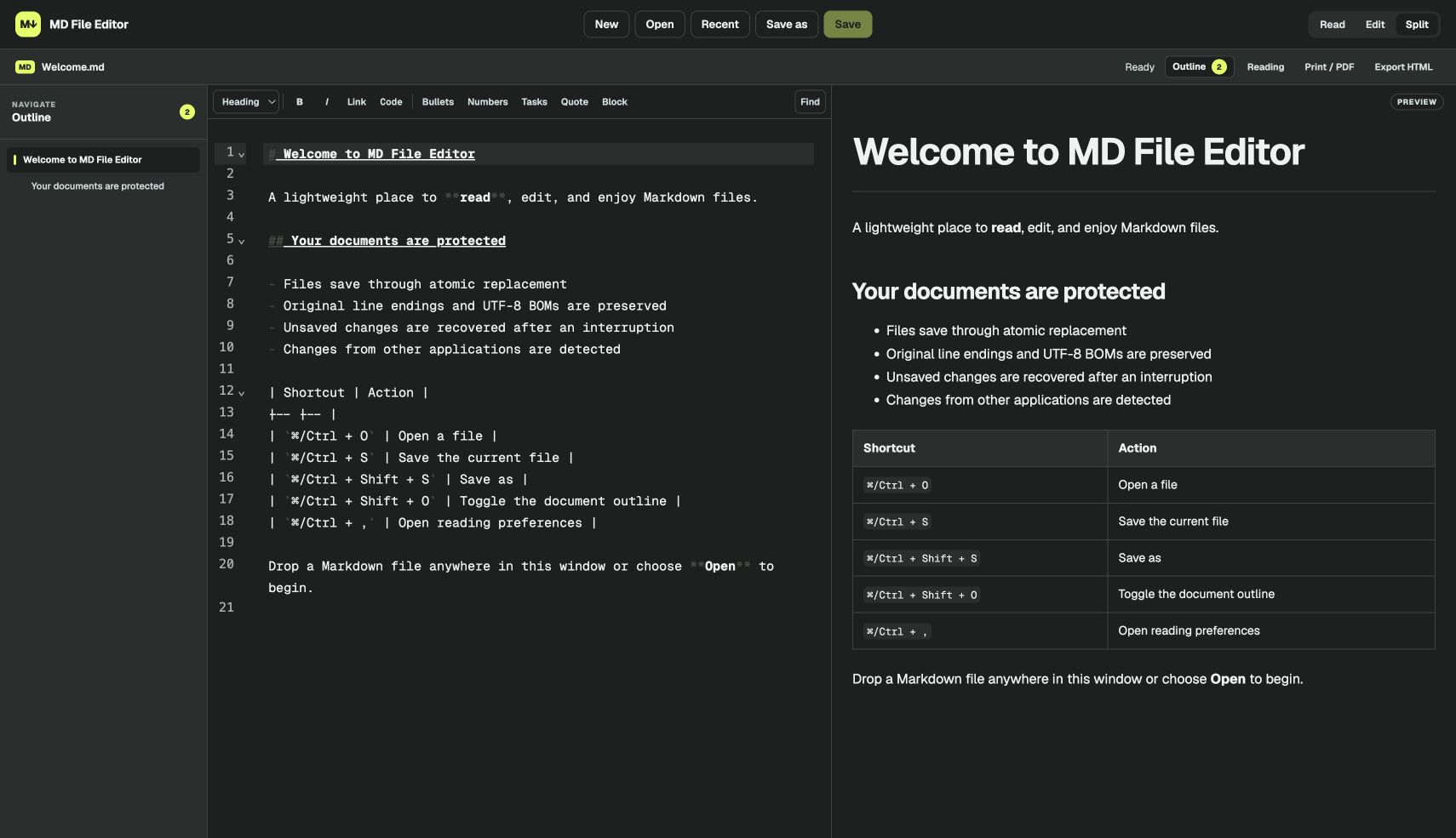 MD File Editor showing a Markdown document outline, source editor, formatting toolbar, and live formatted preview in Split view